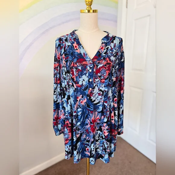 New Directions Curvy | 2X | Abstract Floral 3/4 Sleeve Blouse - Picture 1 of 6